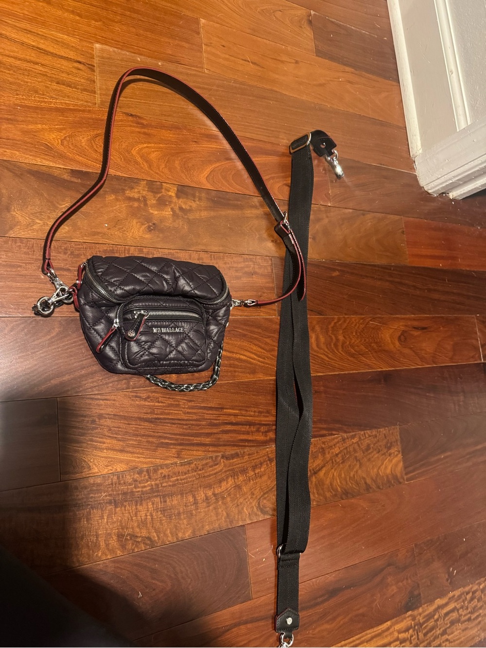 MZ Wallace Quilted Black Crossbody Belt Bag with Red Trim